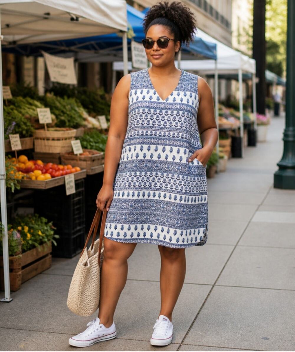 J JILL WEAREVER WOMENS PLUS 2X BLUE WHITE STRIPE FLORAL SLEEVELESS MIDI DRESS